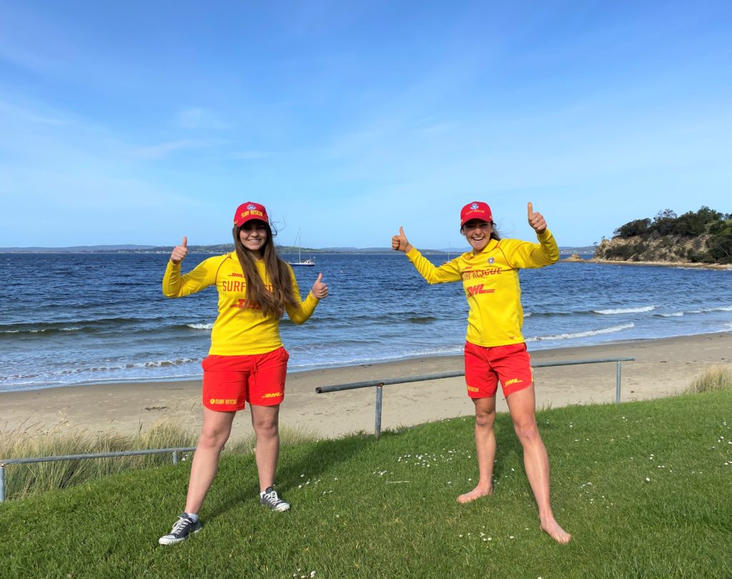 Photo of Gabriella Lohrey and Madeleine Fasnacht from the Kingston Beach Surf Lifesaving Clubat Blackmans Bay Beach (south).